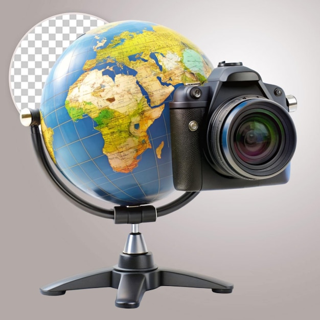 Camera lens and world globe on transparent background