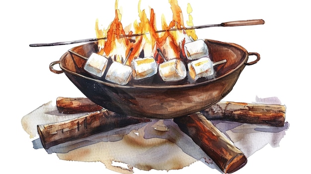 PSD campfire with burning marshmallow and black smoke watercolor artwork aig56