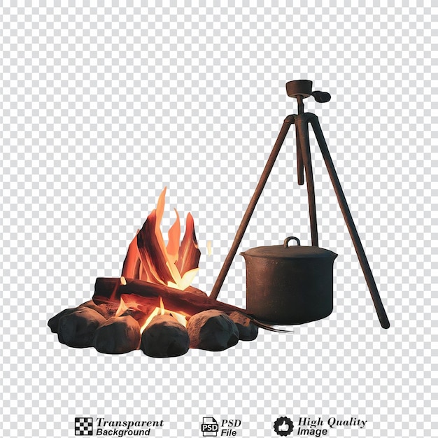 PSD campfire with tripod and cooking pot isolated on transparent background