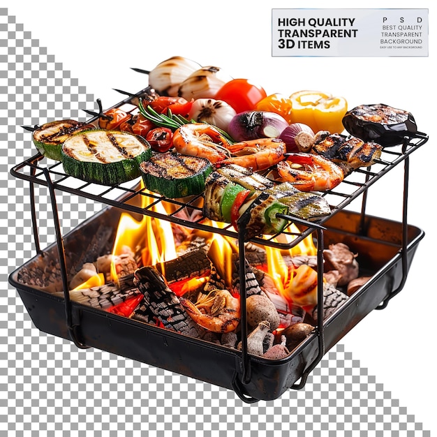 PSD camping campfire grill basket for cooking on transparent background