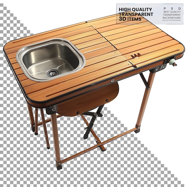 PSD camping folding table with sink compact table with sink on transparent background