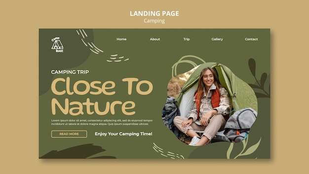 Camping landing page template with vegetation