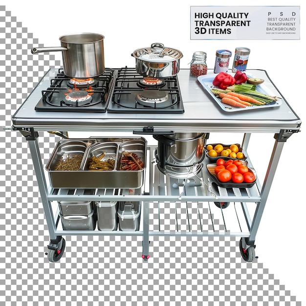 PSD camping portable camp kitchen compact kitchen setup on transparent background