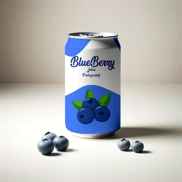 A can of blueberries sits on a table Mockup