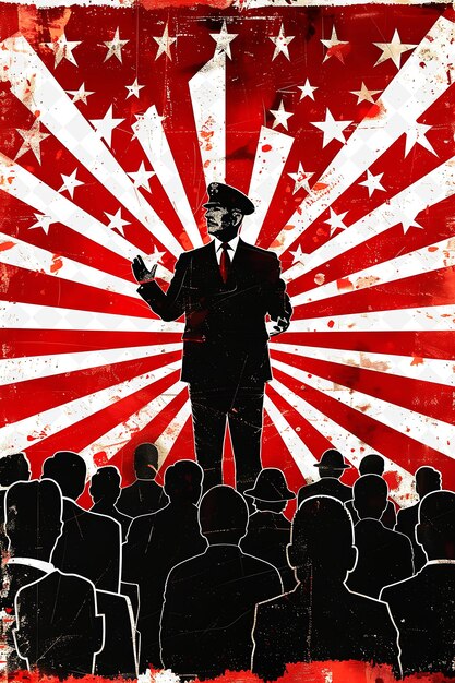 PSD candidate speaking to a group of veterans with red american png flat illustration background