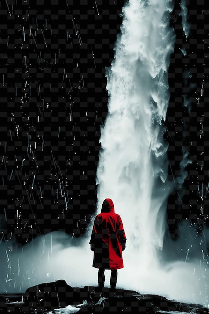 PSD a candidate visiting a waterfall with a red raincoat mist te png flat illustration background