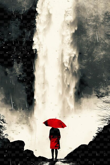 PSD a candidate visiting a waterfall with a red raincoat mist te png flat illustration background