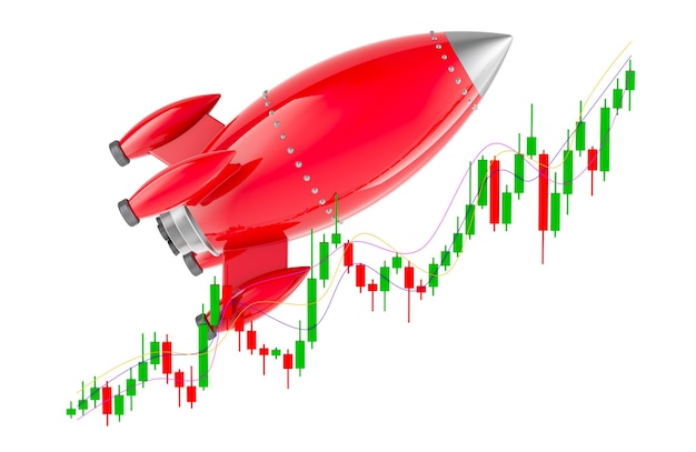 PSD candlestick chart with flying rocket showing uptrend market concept 3d rendering