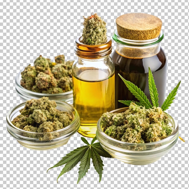 PSD cannabis oil extracts in jars and green cannabis