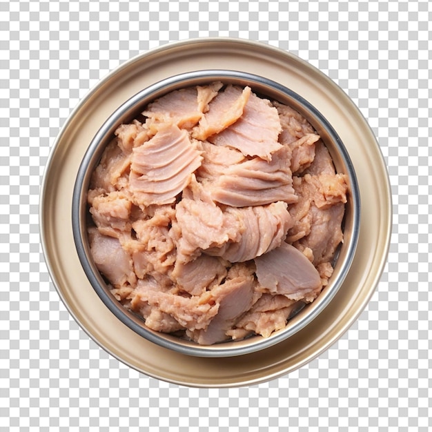 PSD canned albacore tuna chunks in open tin can on transparent background