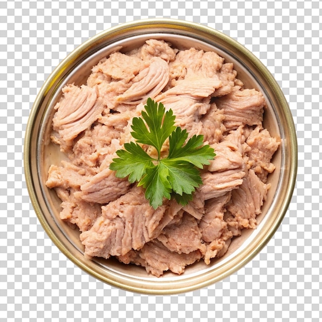 PSD canned albacore tuna chunks in open tin can on transparent background