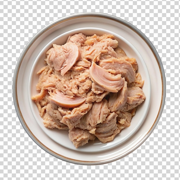 Canned tuna fish on white plate top view isolated on transparent background