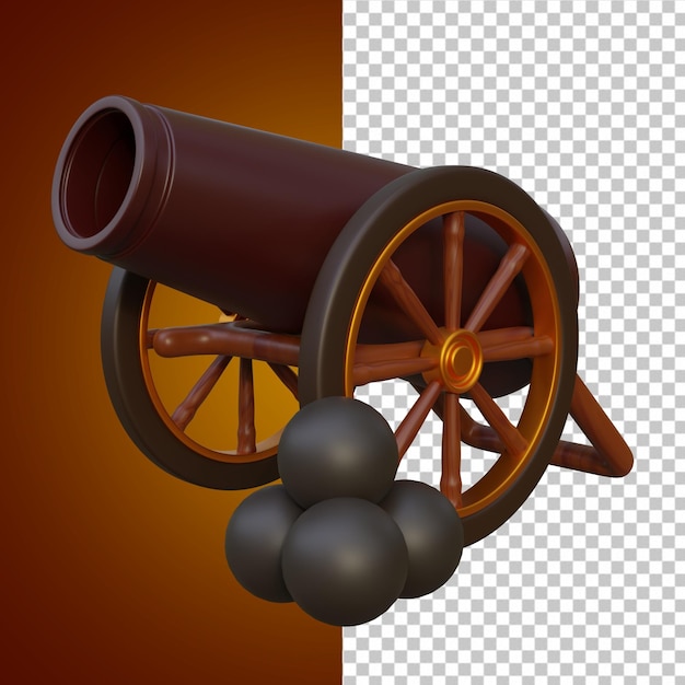 Canon 3d icon brown color on transparent background. Ancient cannon icon. 3d rendering.