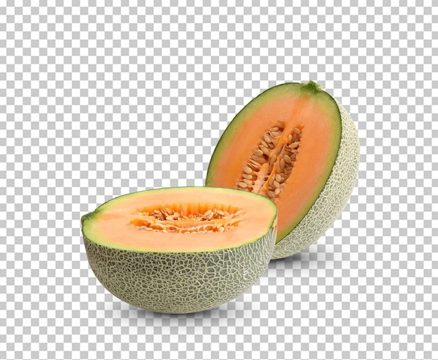 Cantaloupe melon half slices on white background