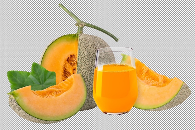 Cantaloupe melon and melon juice isolated on a transparent background