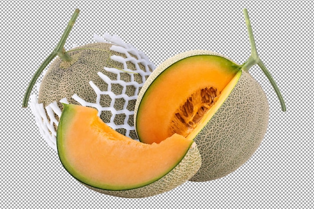 Cantaloupe melon wrapped in foam cushioning isolated on a transparent background