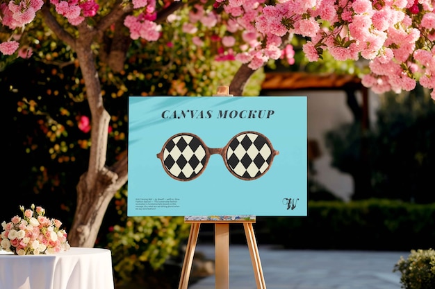 PSD canvas mockup among flowers