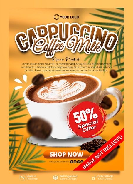 Cappuccino coffee milk special drink with decoration cafe restaurant menu poster banner template