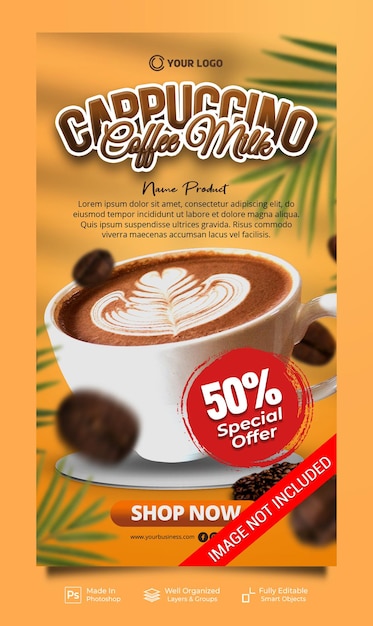 Cappuccino coffee milk special drink with decoration social media post stories banner template