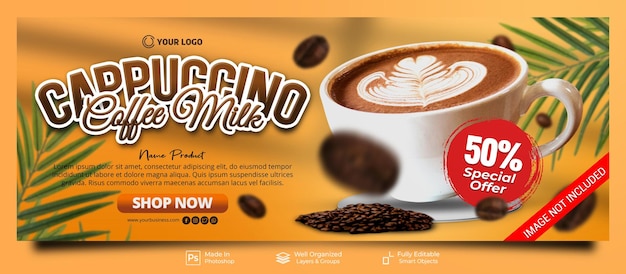 Cappuccino coffee milk special drink with decoration socialmedia post facebook cover banner template