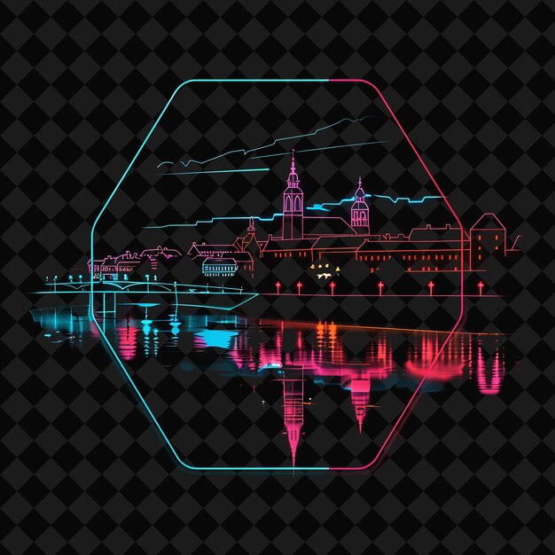 PSD captivating neon vilnius landscape inside a silhouette hexag png y2k monoline cityscape collage art