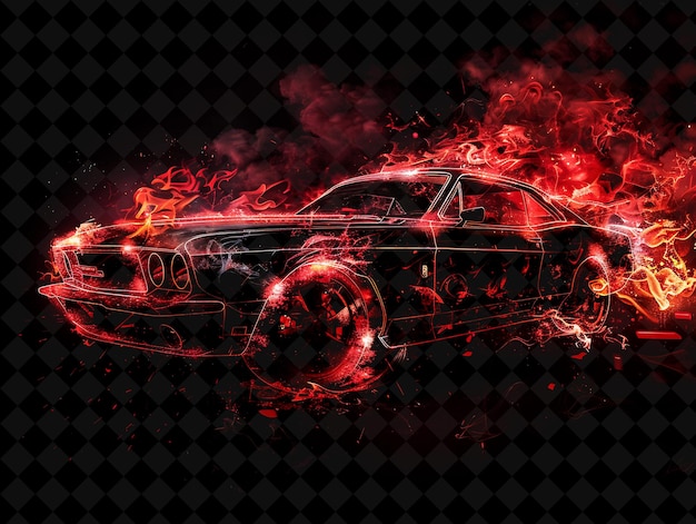 PSD car explosion with vehicle parts flames and smoke warm red a png neon effect on dark background