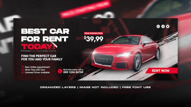 Car rental horizontal banner promotion social media post facebook cover banner template