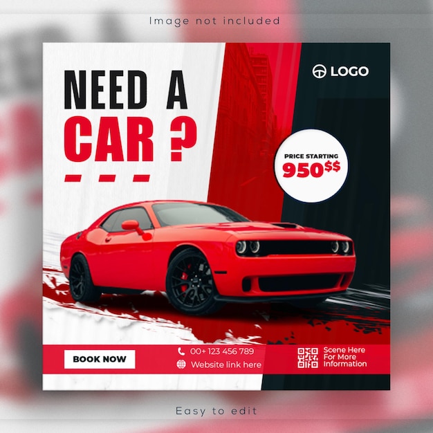 Car rental promotional social media banner and Instagram post template design.