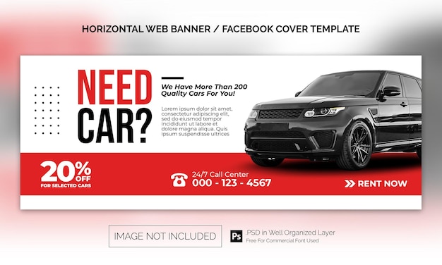 Car Rental Sale Horizontal Banner or Facebook Cover Advertising Template