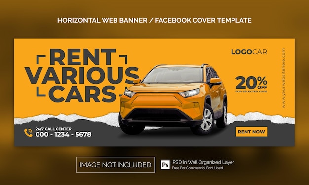 Car Rental Sale Horizontal Banner or Facebook Cover Advertising Template