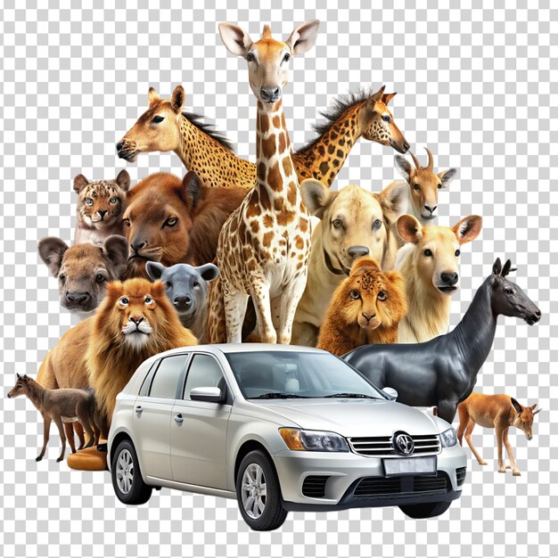 PSD a car surrounded by animals on transparent background