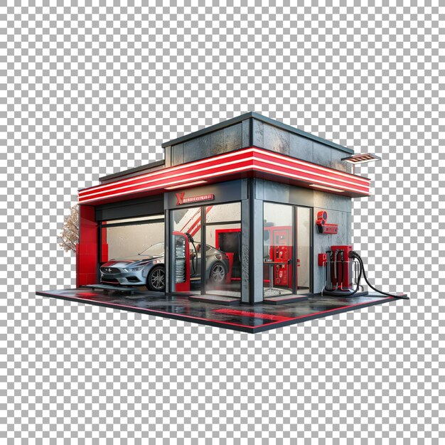 PSD car washing shop isometric on transparent background ai generated