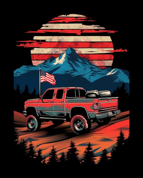 car with American flag and mountain poster design template