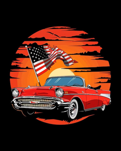 car with an American flag with colorful background for t shirt design