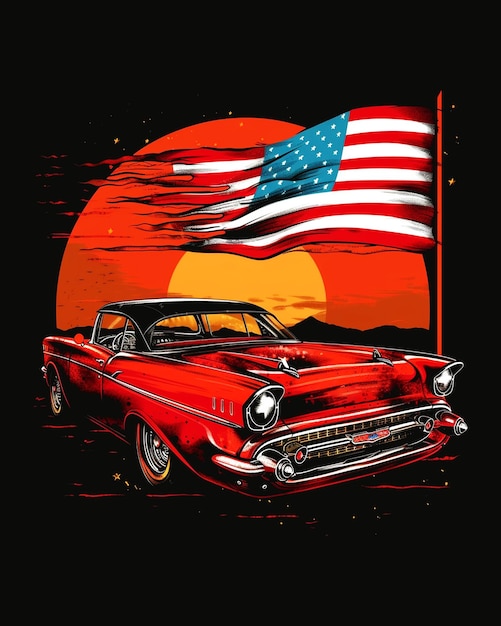 car with an American flag with summer t shirt design template