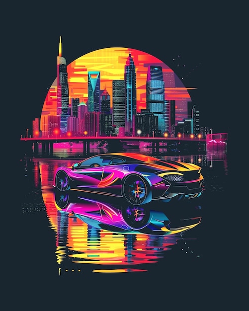 car with city with colorful background for poster design