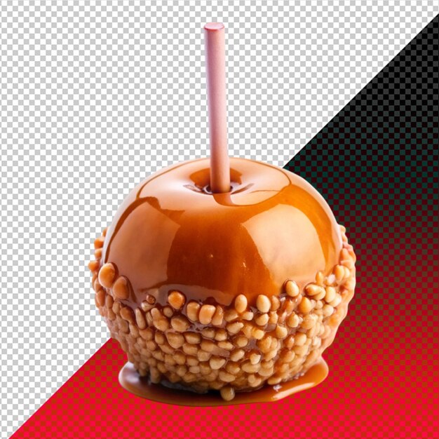 PSD caramel apple on a stick dripping caramel on transperent background