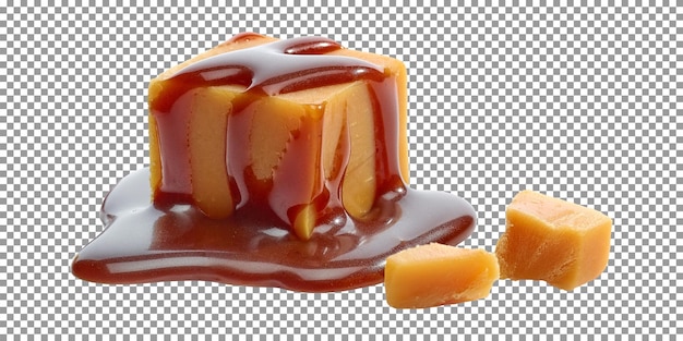 Caramel candy glazed with caramel sauce on transparent background