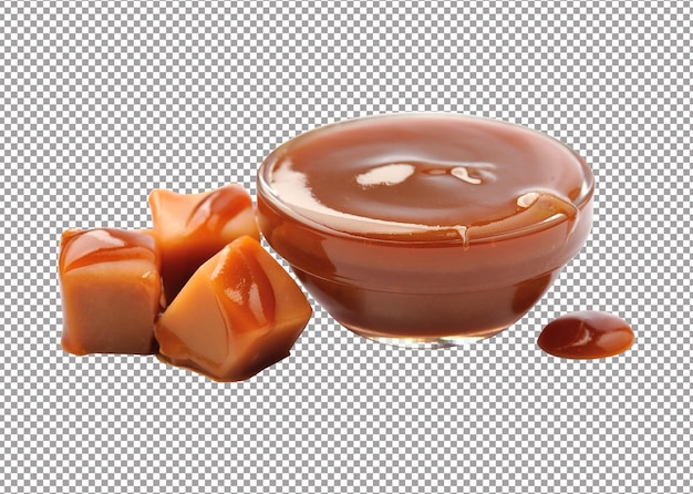 Caramel sauce with caramel candies on white backgrounds