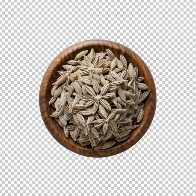 PSD caraway seeds in wooden bowl isolated on white background