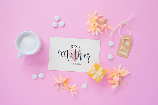 Card mockup with flat lay mothers day composition