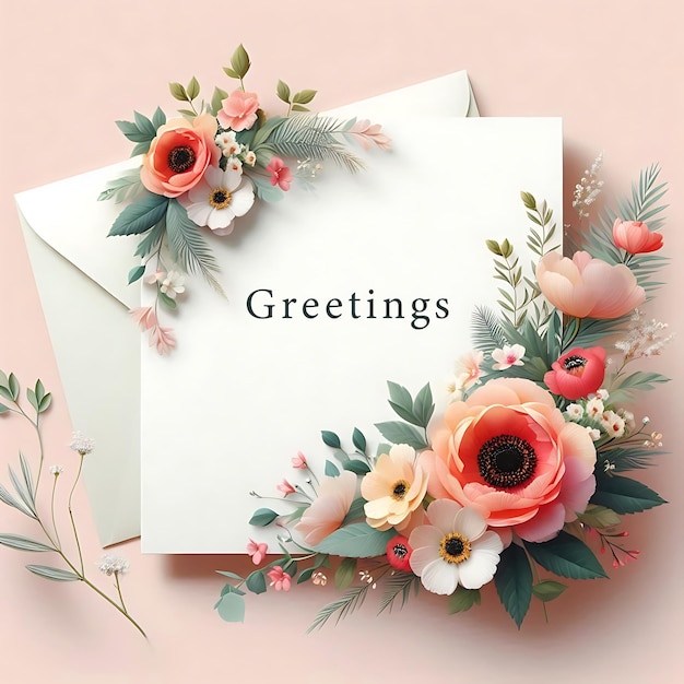 PSD a card with flowers and the words greetings