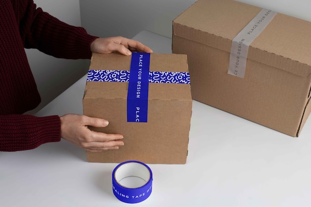 PSD cardboard box with sealing tape mock-up design