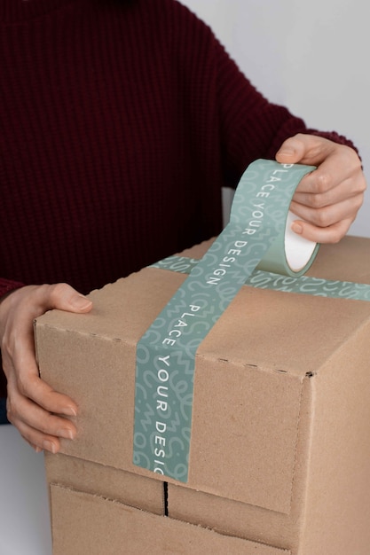 PSD cardboard box with sealing tape mock-up design