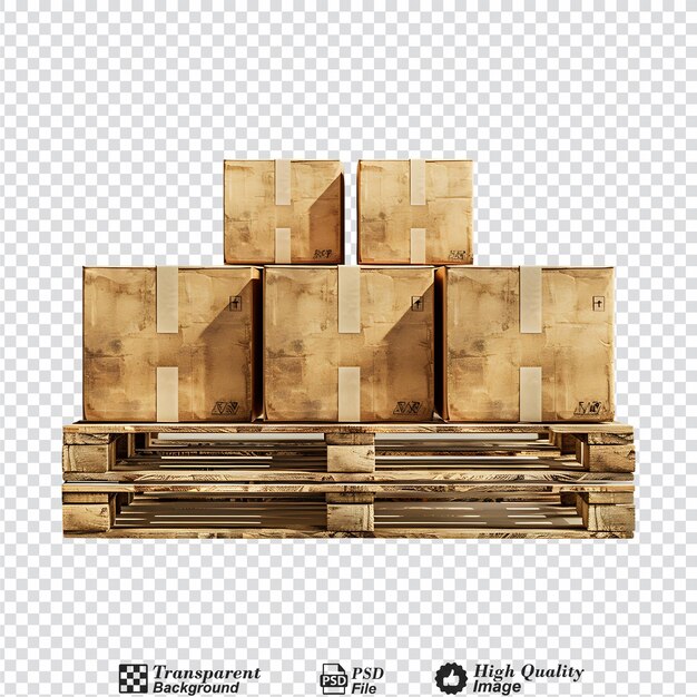 Cardboard boxes mockup on wooden pallet isolated on transparent background