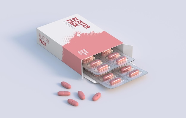 Cardbox packaging with two blisters with vitamin pills Mockup template 3d rendering