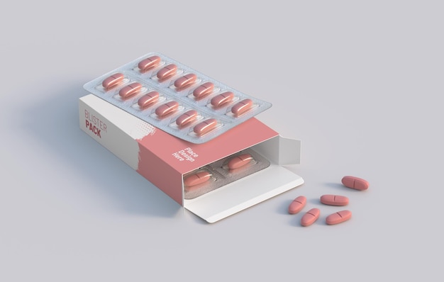 Cardbox packaging with two blisters with vitamin pills Mockup template 3d rendering