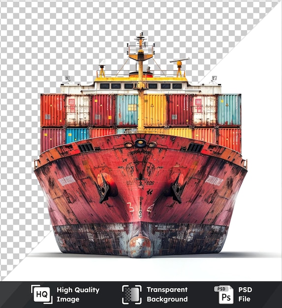 Cargo container ship front view isolated on transparent background white sky visible small window