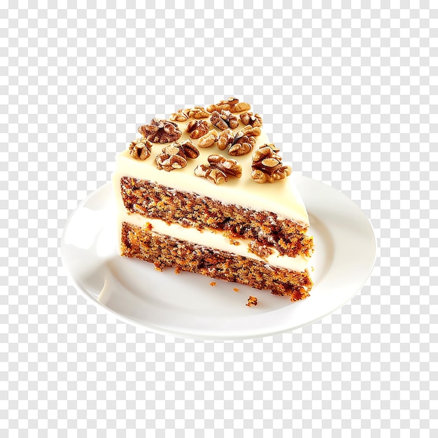 PSD carrot cake made with walnuts iced with cream cheese isolated on a transparent background