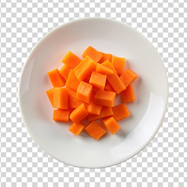 Carrot cube on white plate isolated on transparent background